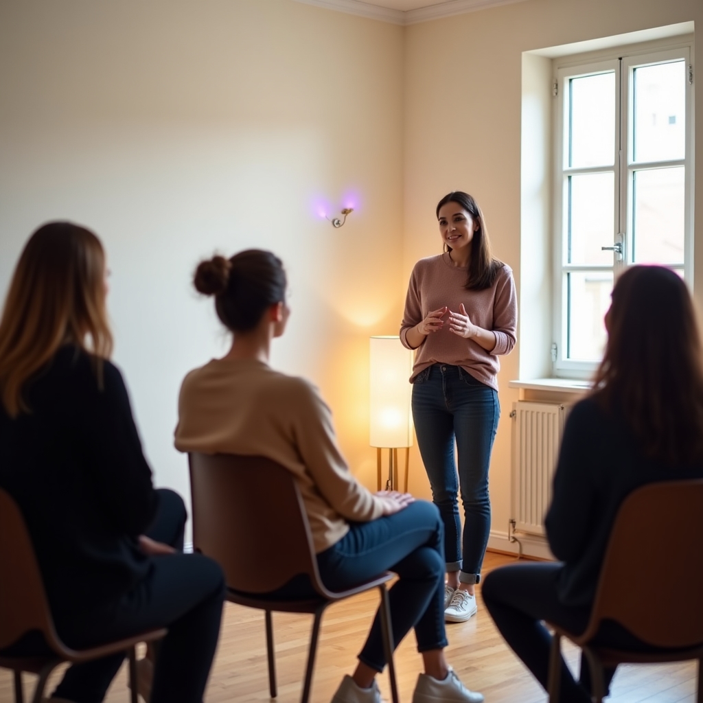 Participant exersând postura și contactul vizual în fața unui grup de șase persoane așezate în semicerc